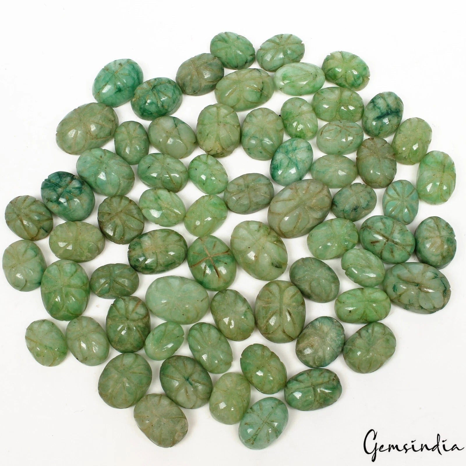 700 Ct/66 Pcs Natural Green Brazilian Emerald Oval Cut Hand Carved Loose Gem Lot