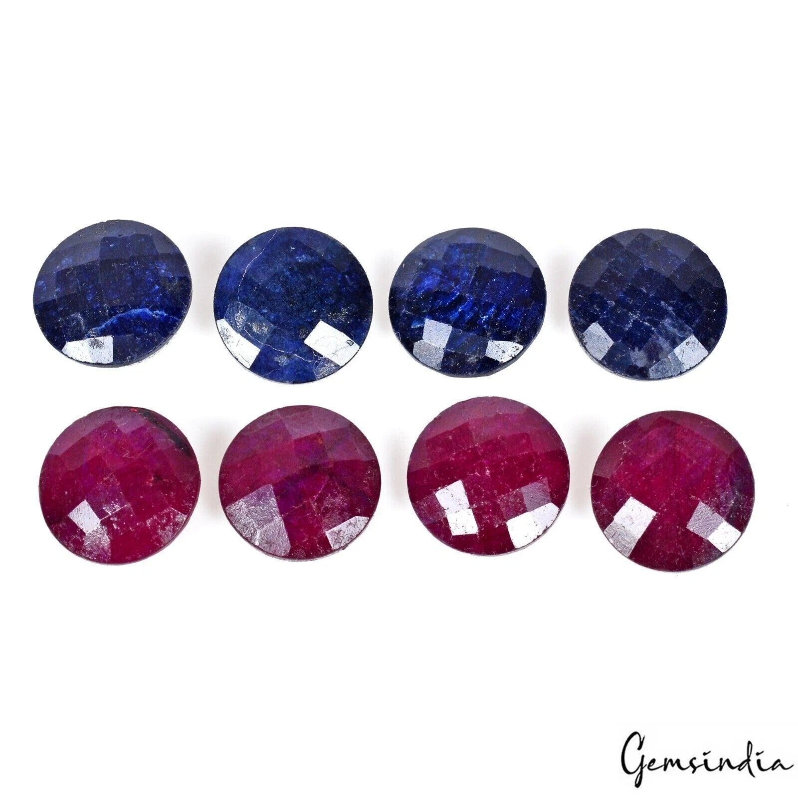 Certified 109.80 Cts/8 Pcs Natural Red Ruby Blue Sapphire Round Checker Cut Gems