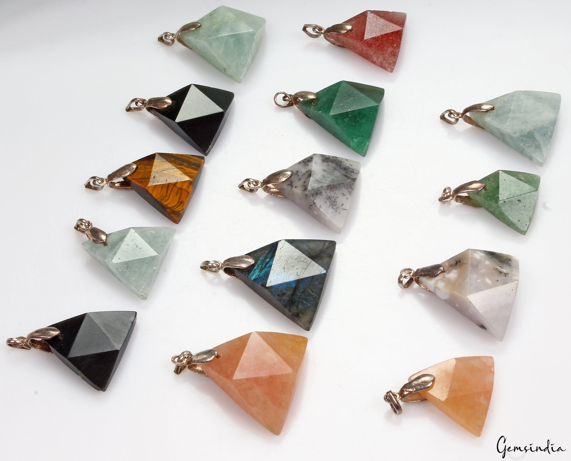 14Pc Natural Multi Gem Reversible Crystal Healing Trillion Shape Pendant Jewelry