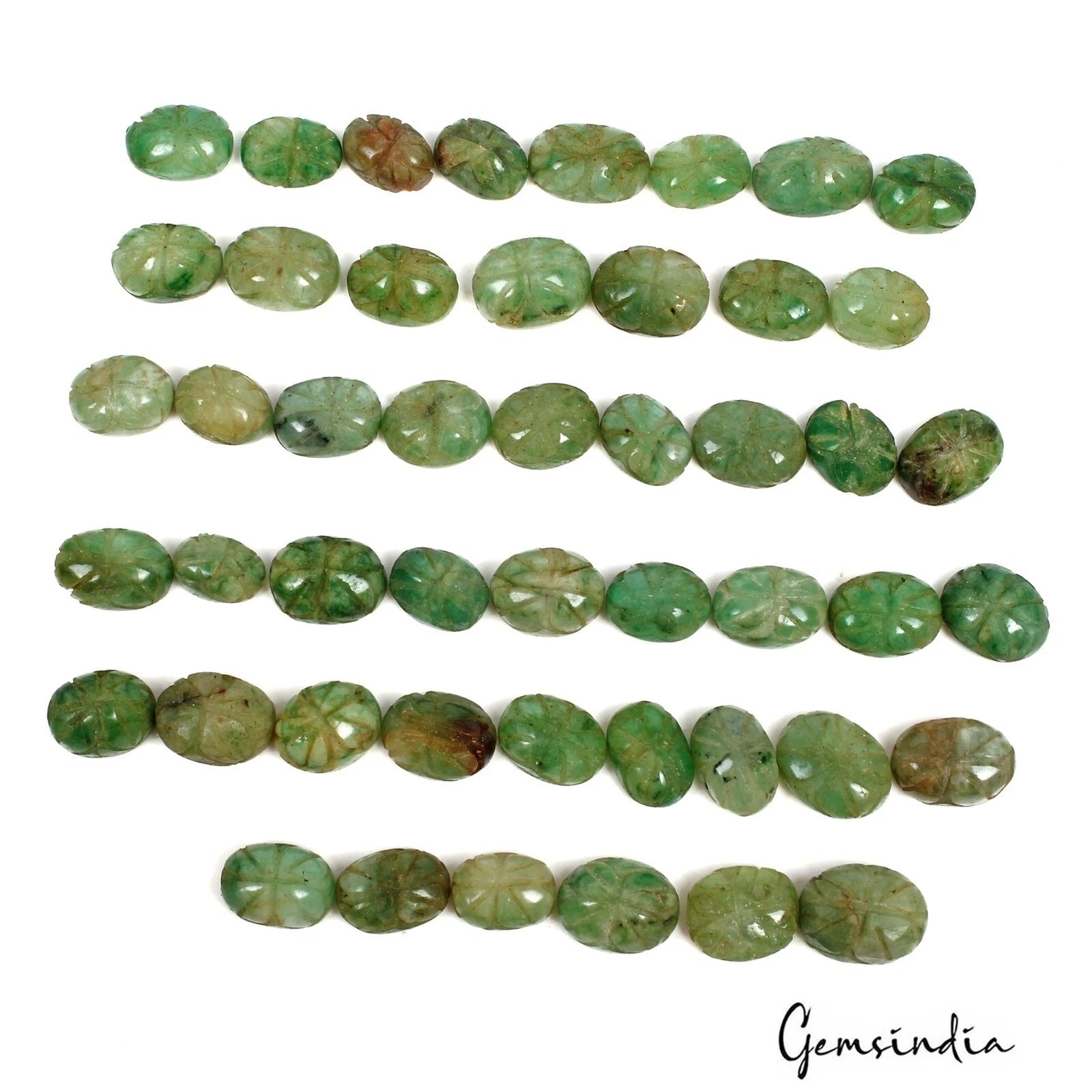 390 Ct Natural Green Brazilian Emerald Oval Cut Hand Carved Loose Gems Lot 48 Pc
