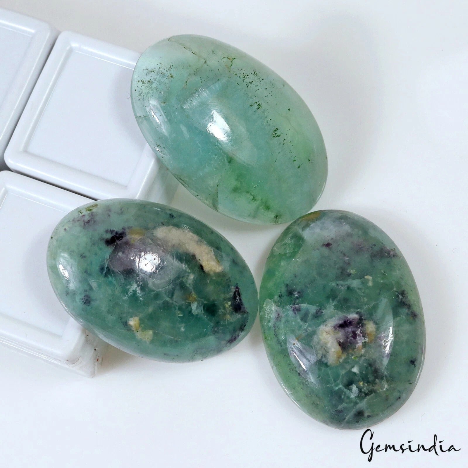 Fluorite Lot, Cabochon, Untreated, Green — 3 Pieces, 41mm to 43mm, 370 Ct, Brazil