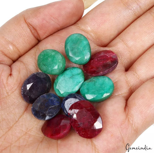 10 Pcs Lot Natural Ruby Emerald Sapphire Oval Faceted Loose Ring Size Gemstones