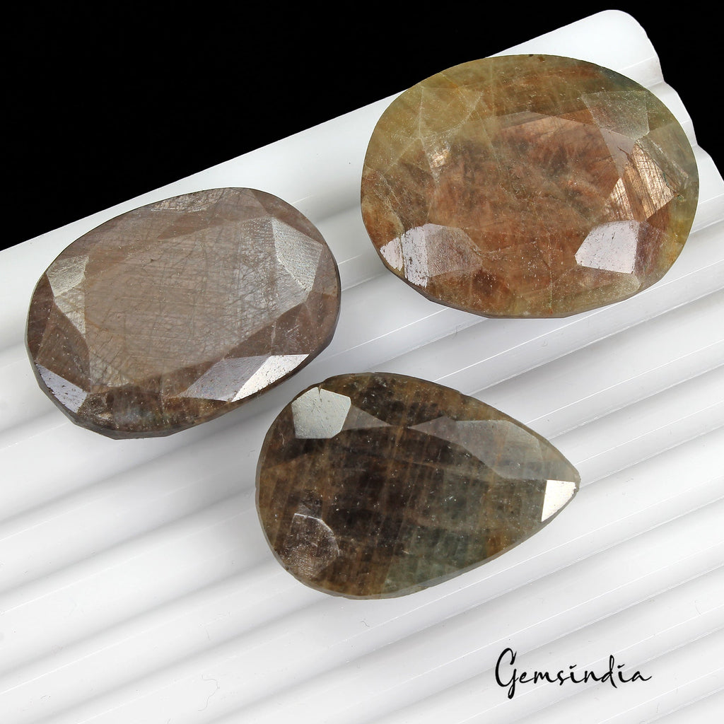 520 Ct Natural Untreated Blue Brown Sapphire Mix Faceted Loose Gemstone Lot 3 Pc