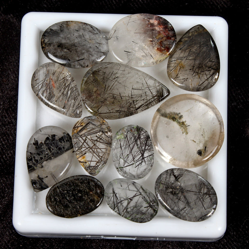 143.80Ct/12 Pcs Natural Untreated Black Wire Rutile Quartz Mix Cabochon Gemstone