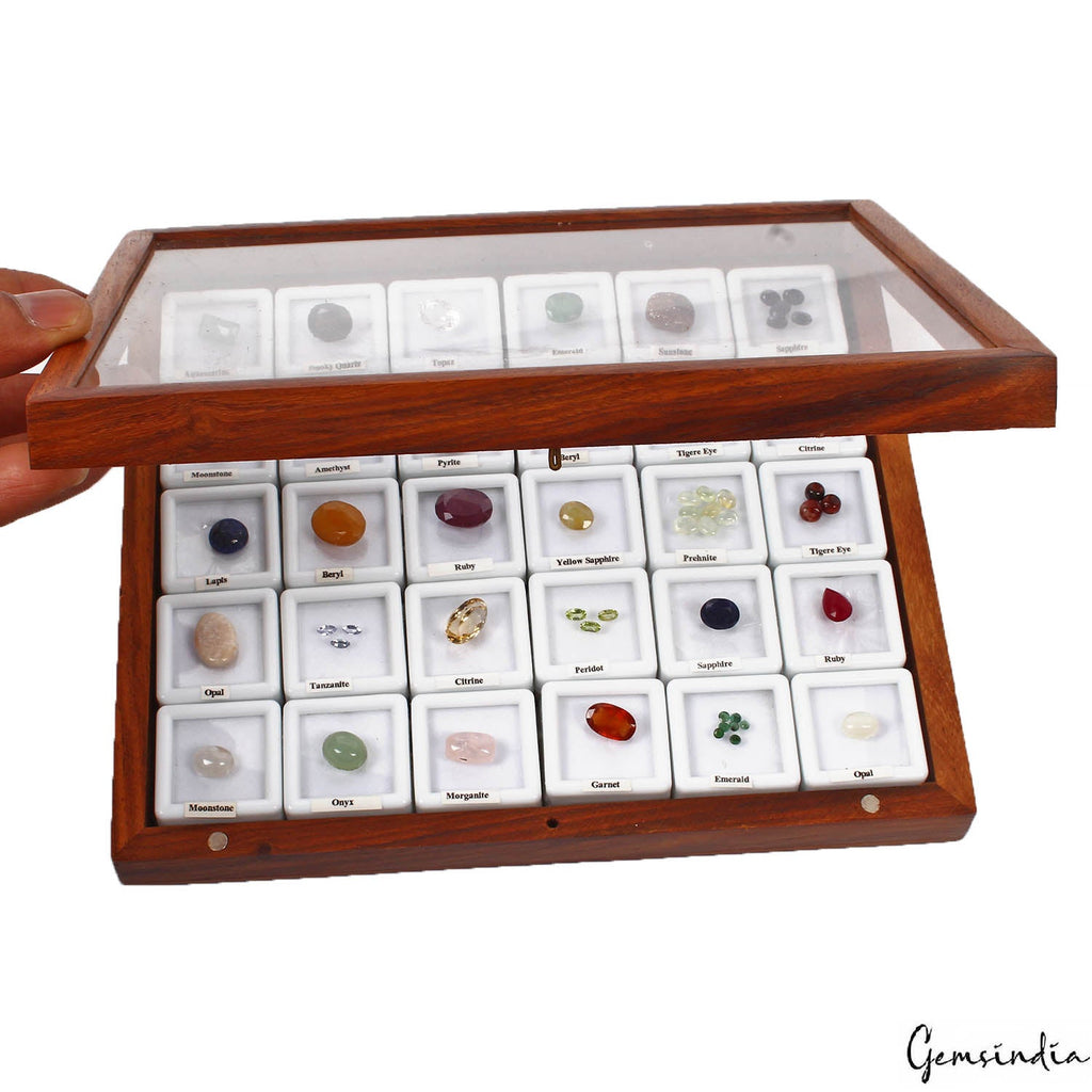 53 Pcs Estate Genuine Semi Precious Loose Multi Color Gems Collection+Wooden Box