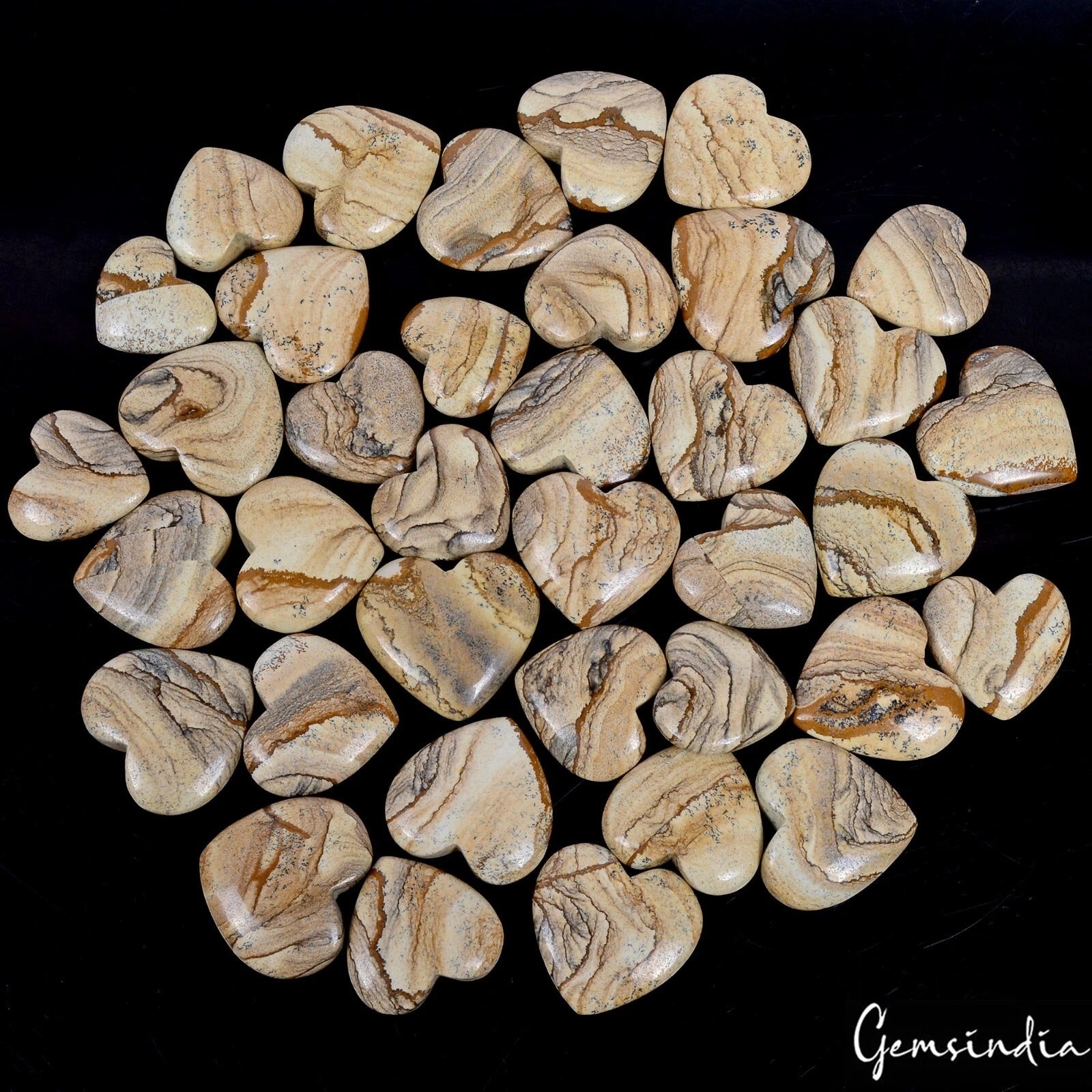 2500 Ct Natural Picture Jasper Handmade Cabochon Puffed Heart Loose Gems 37 Pcs