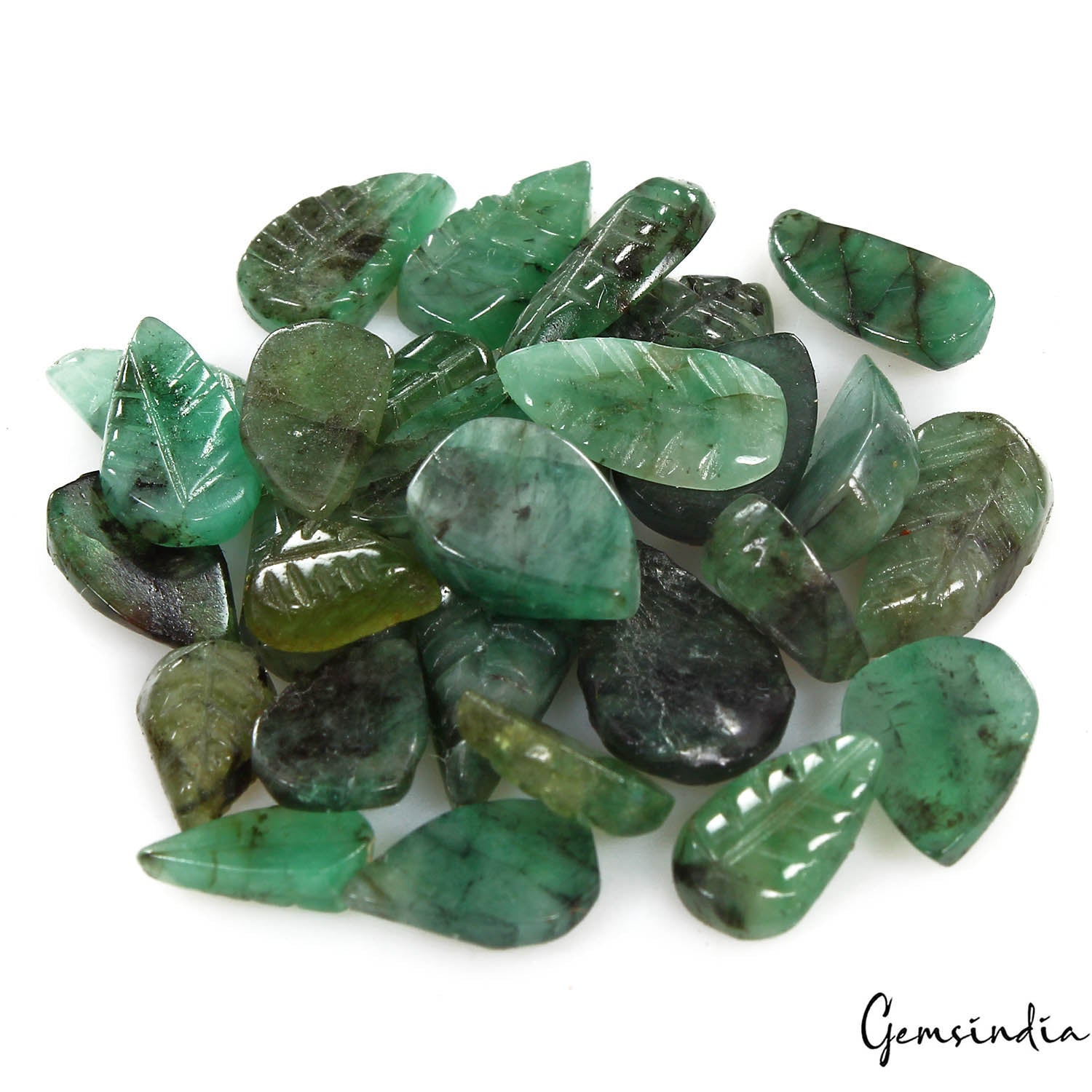 39.50 Ct/28 Pcs Natural Untreated Green Emerald Pear Leaf Carved Gem For Jewelry