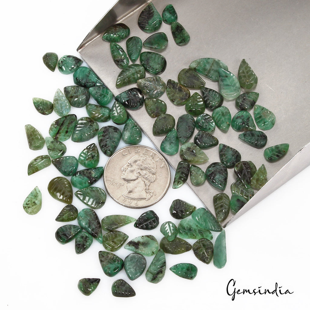 Certified 124.80 Ct/85 Pcs Natural Untreated Green Emerald Leaf Hand Carved Gems