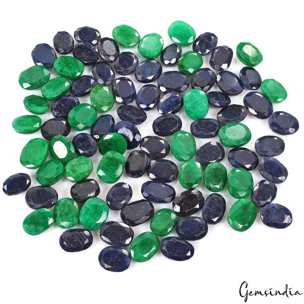Certified 1500 Ct/84 Pcs Natural Green Emerald Blue Sapphire Oval Cut Loose Gems