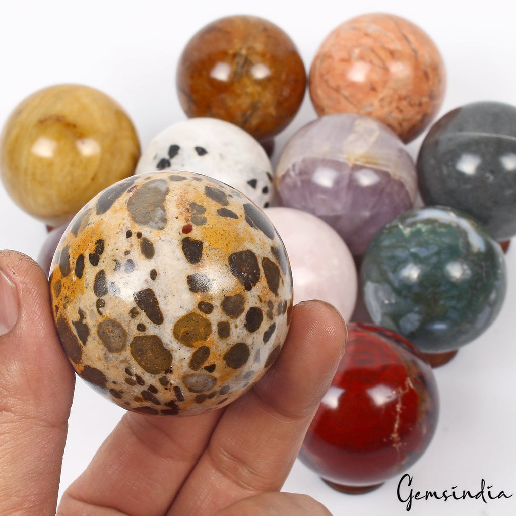 11 Pc Natural Gemstone Sphere Set + Wooden Stands - Bulk Crystal Ball Collection