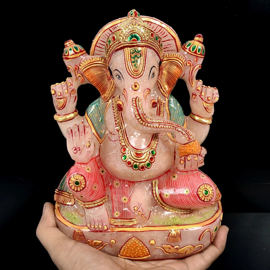 3.9Kg Natural Rose Quartz Golden Paint Ganesha Singlestone Artwork Sculpture8.1"