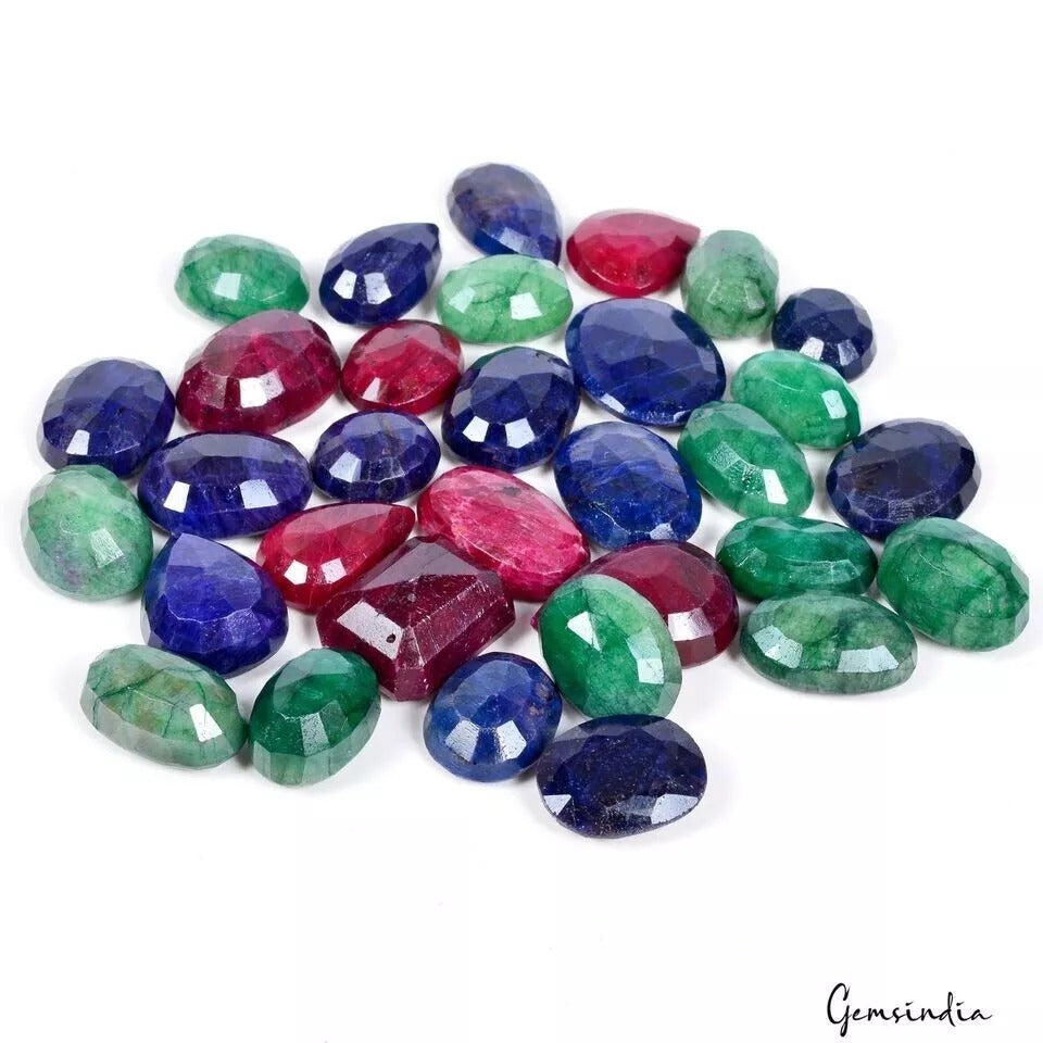 1550 Cts Natural Emerald Ruby Sapphire Mix Cut Loose Gems for Jewelry 20-30mm