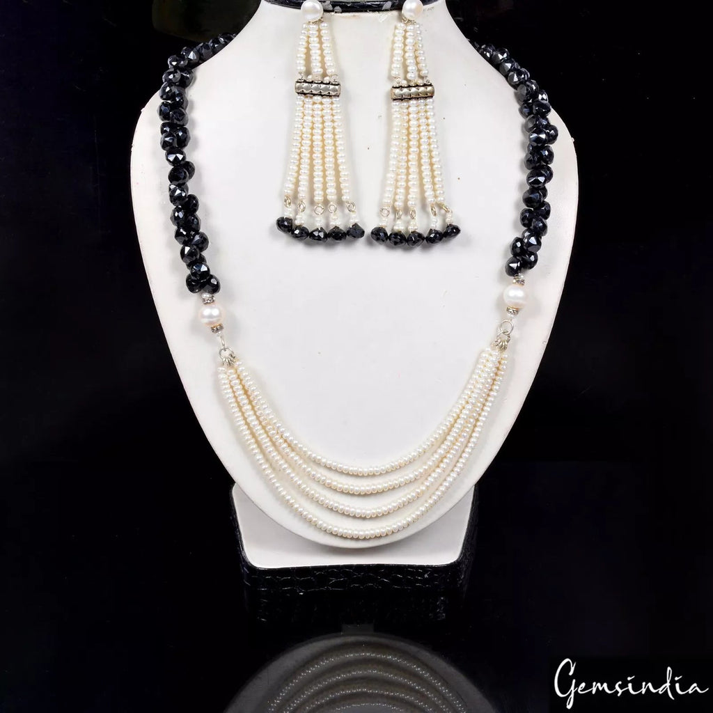 675 Ct Natural Onyx Pearl Gemstone Beaded Handmade Necklace with Earrings ~25"