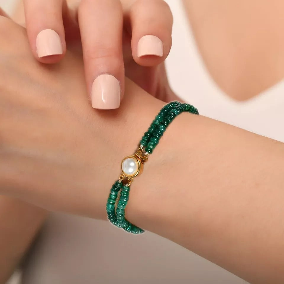 8 Inch Handmade Natural Emerald Gemstone Beaded Beautiful 2 Lines Bracelet 69+ct