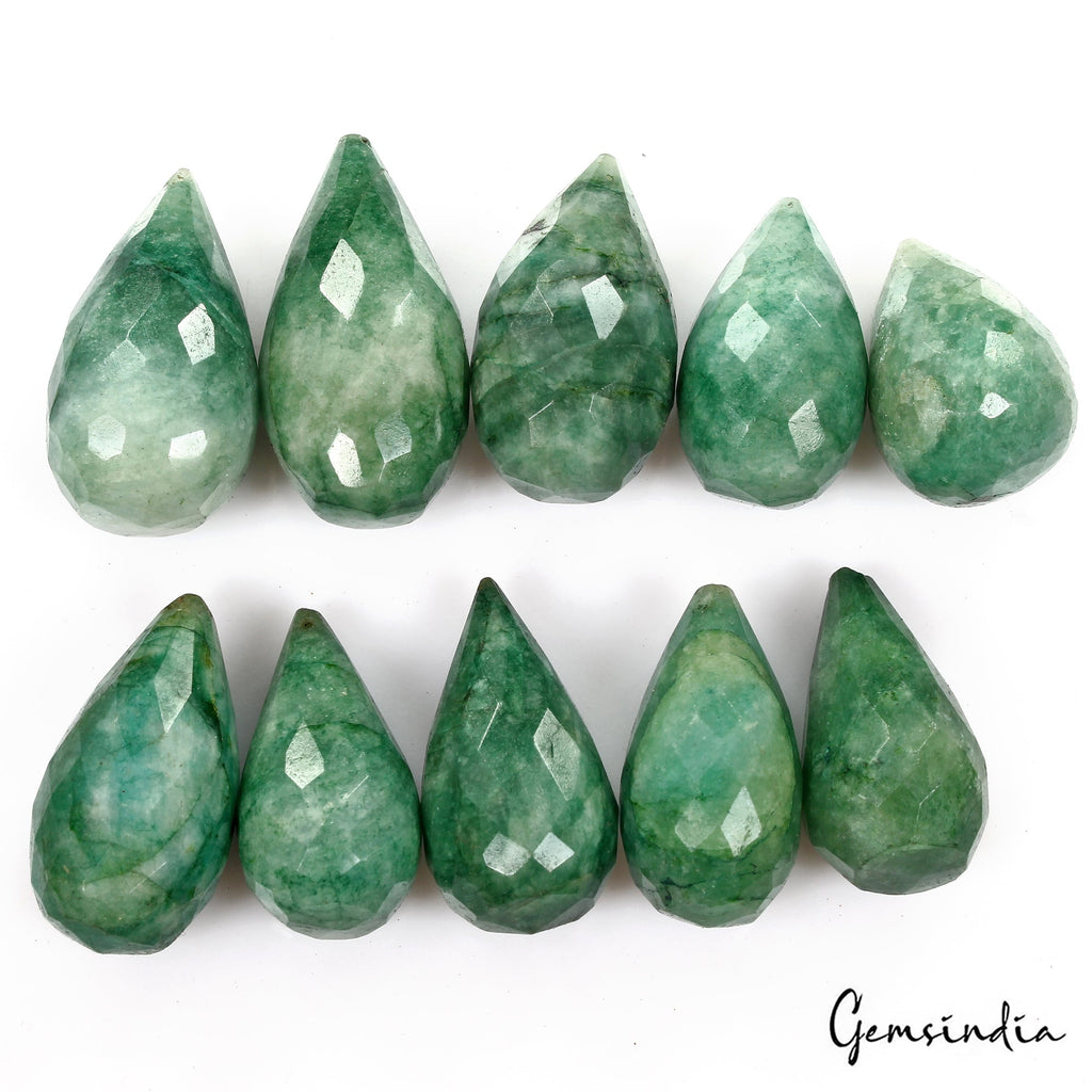 600 Cts/10 Pcs Natural Green Emerald Gem Pear Checker Cut Drill Bead/Briolettes