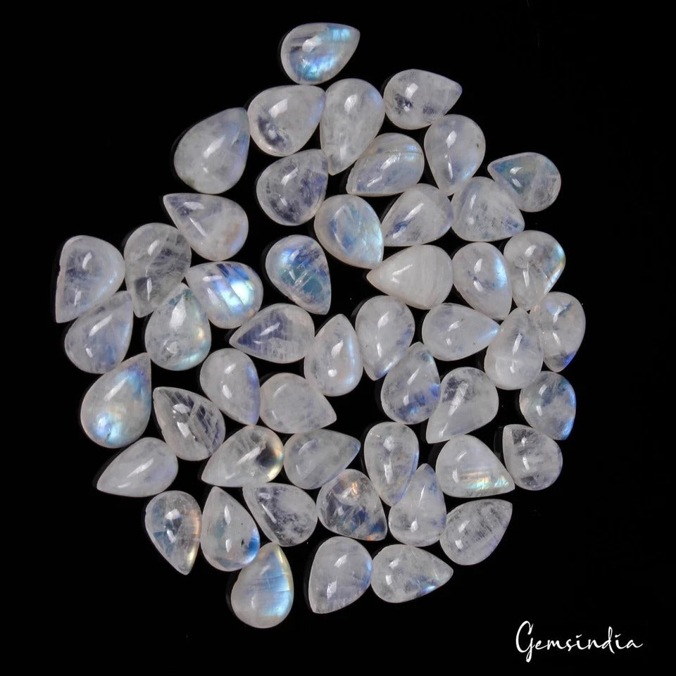 Rainbow Moonstone Lot, Cabochon, Blue — 50 Pieces, 9mm to 11mm, 107.60 Ct, Madagascar