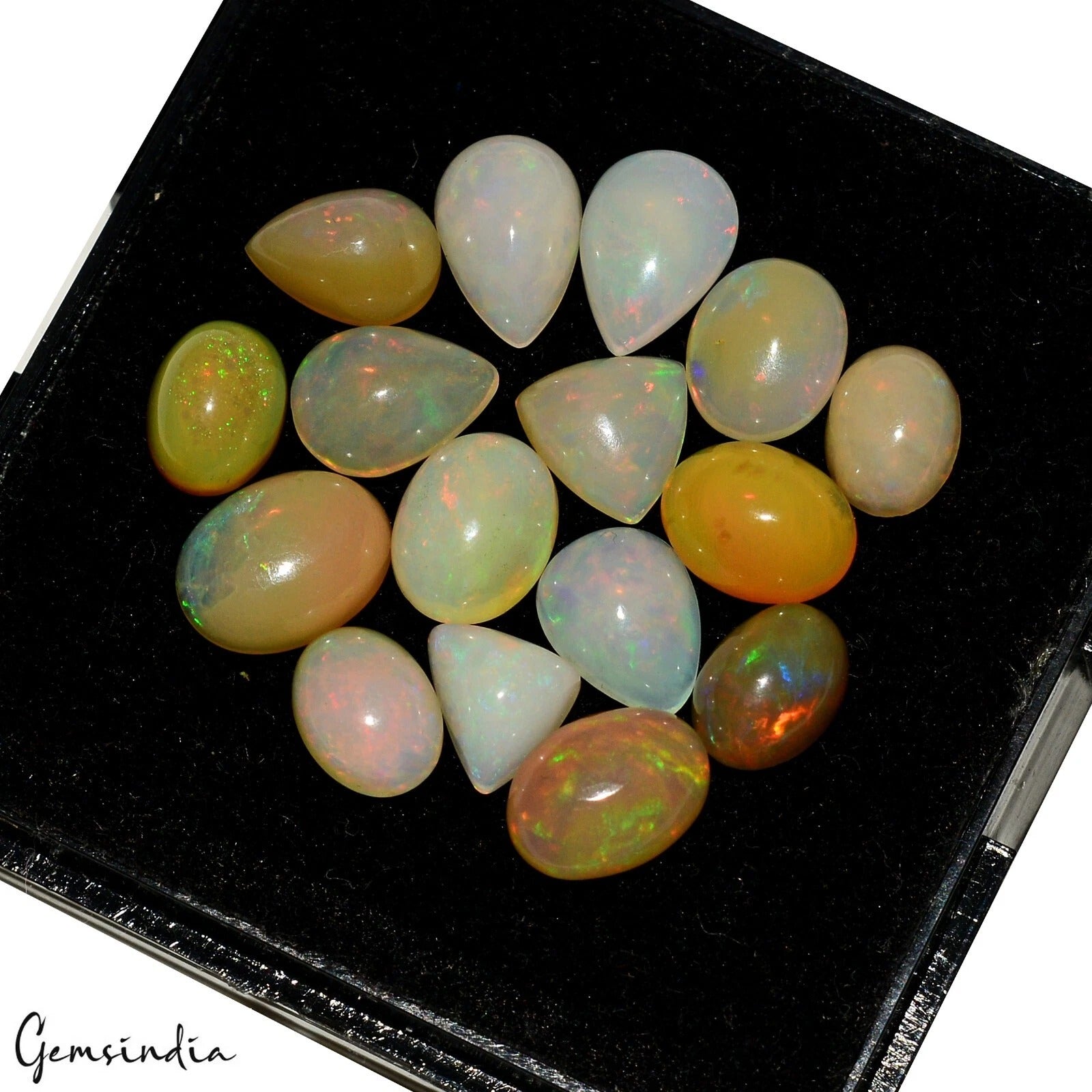 Ethiopian Opal Lot, Cabochon, Oval, Pear,Trillion cabochon, Untreated — 16 Pieces, 07mm, 15.80 Ct, Ethiopia