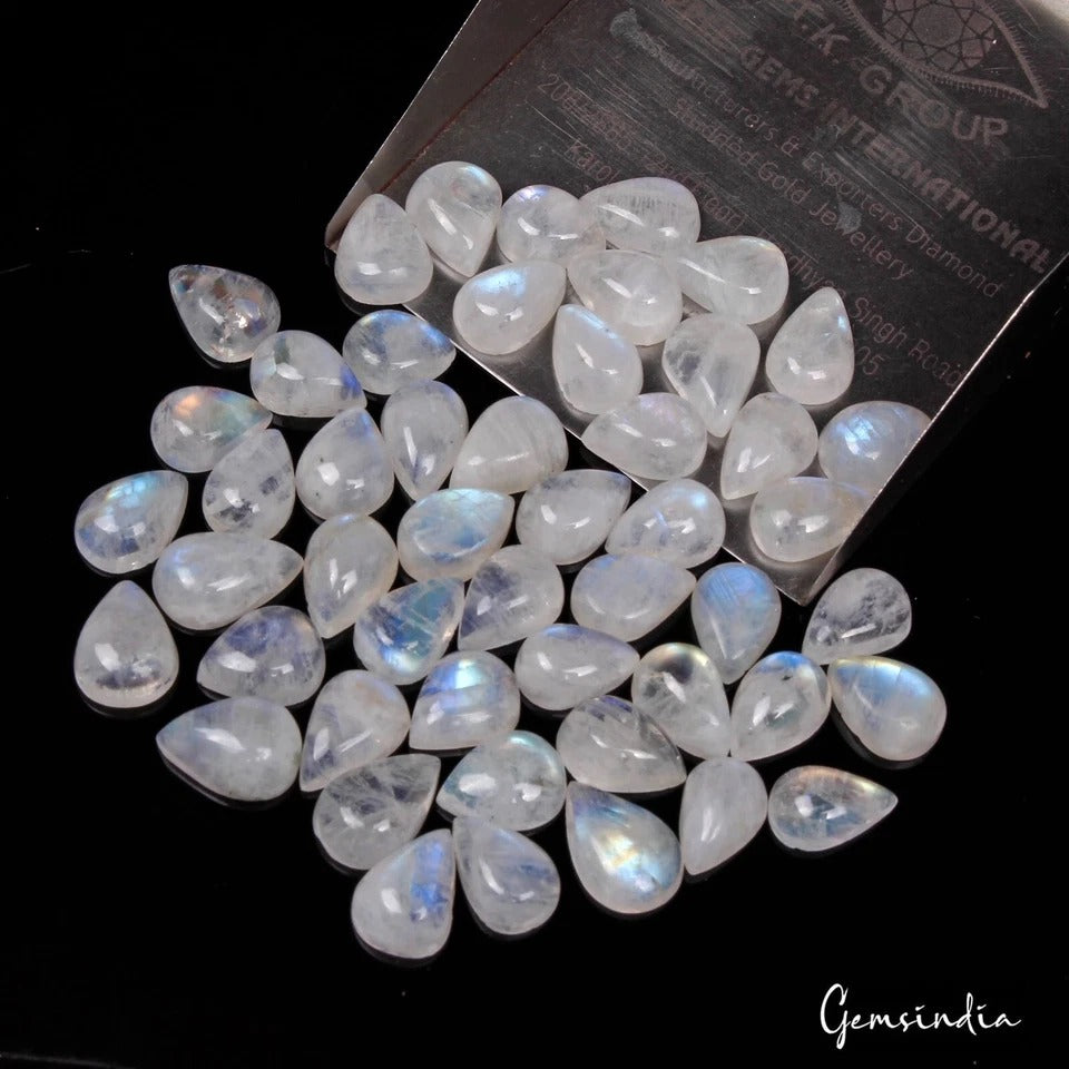 Rainbow Moonstone Lot, Cabochon, Blue — 50 Pieces, 9mm to 11mm, 107.60 Ct, Madagascar