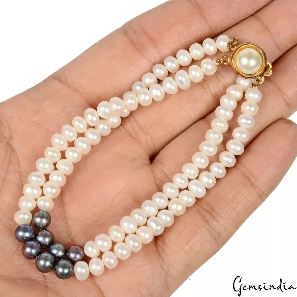 91.60 Ct Freshwater White Pearl, Tahitian Pearl Round Beaded 2Strand Bracelet 8"
