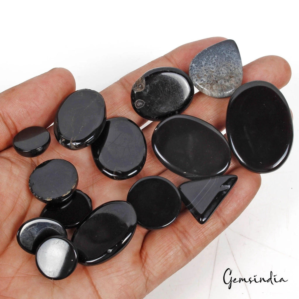 430 Cta/14 Pcs Natural Untreated Black Onyx Mixed Cab Loose Gems Lot For Jewelry