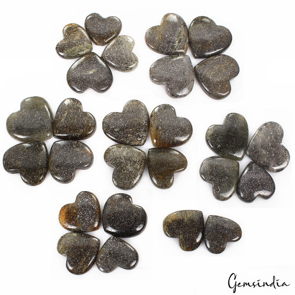 1200 Cts/26Pcs Natural Black Glittering Shine Sunstone Heart Cab Wholesale Gems