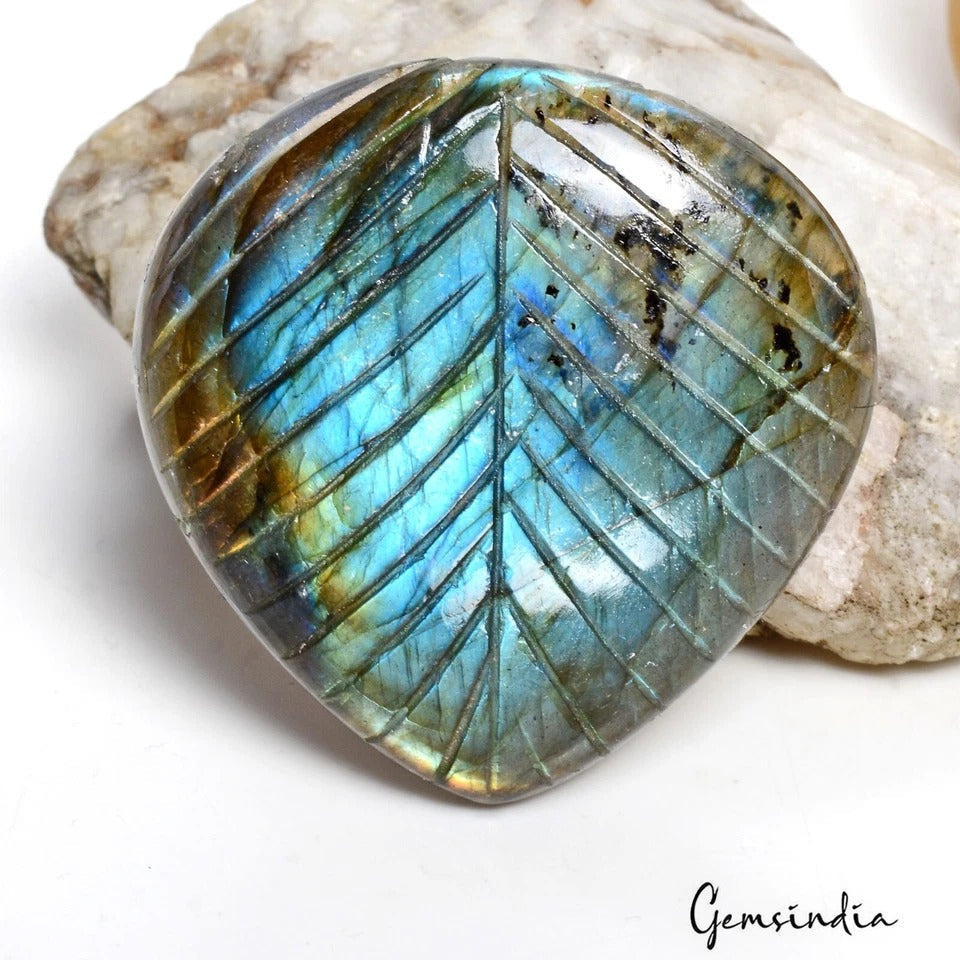 65.60 Cts Natural Carved Labradorite 36x35mm Pear leaf Flashy Pendant Size Gems