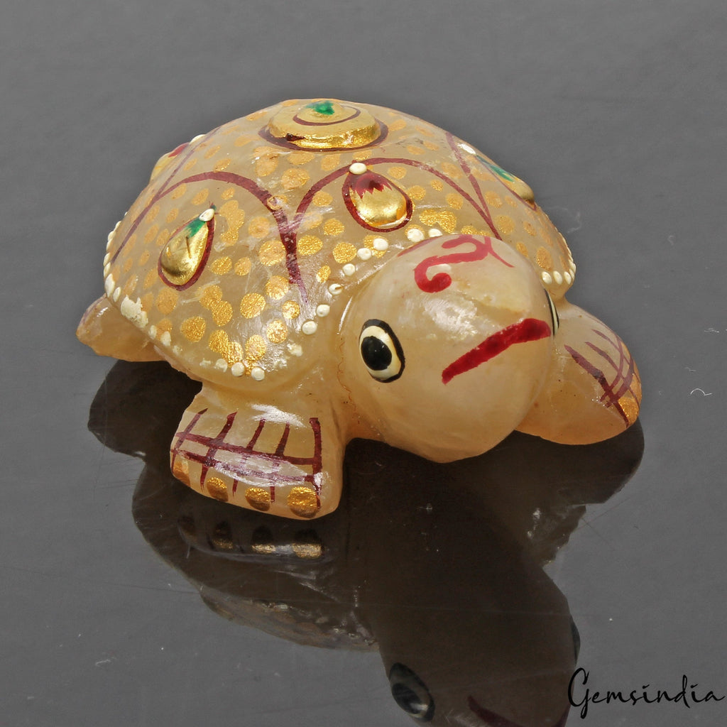 280 Cts Natural Untreated Yellow Aventurine Turtle Carved Golden Patined Statue
