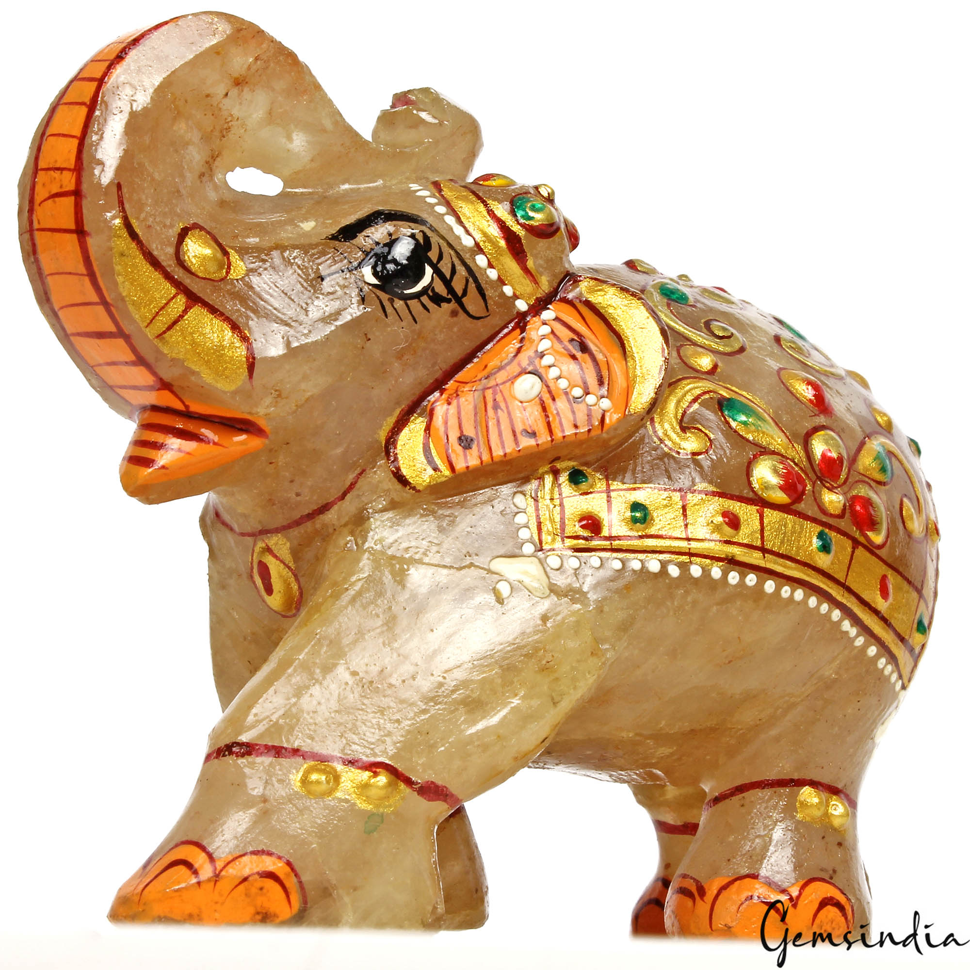 Hand Crafted Gold Painted Trunk Up Elephant 1420 Ct Natural Aventurine Sculpture