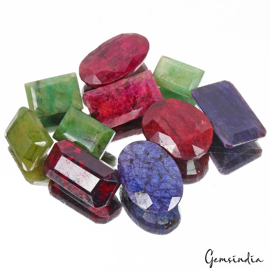 1060 Ct/10 Pcs Natural Multi Color Emerald Ruby Sapphire Mixed Cut Loose Gem Lot