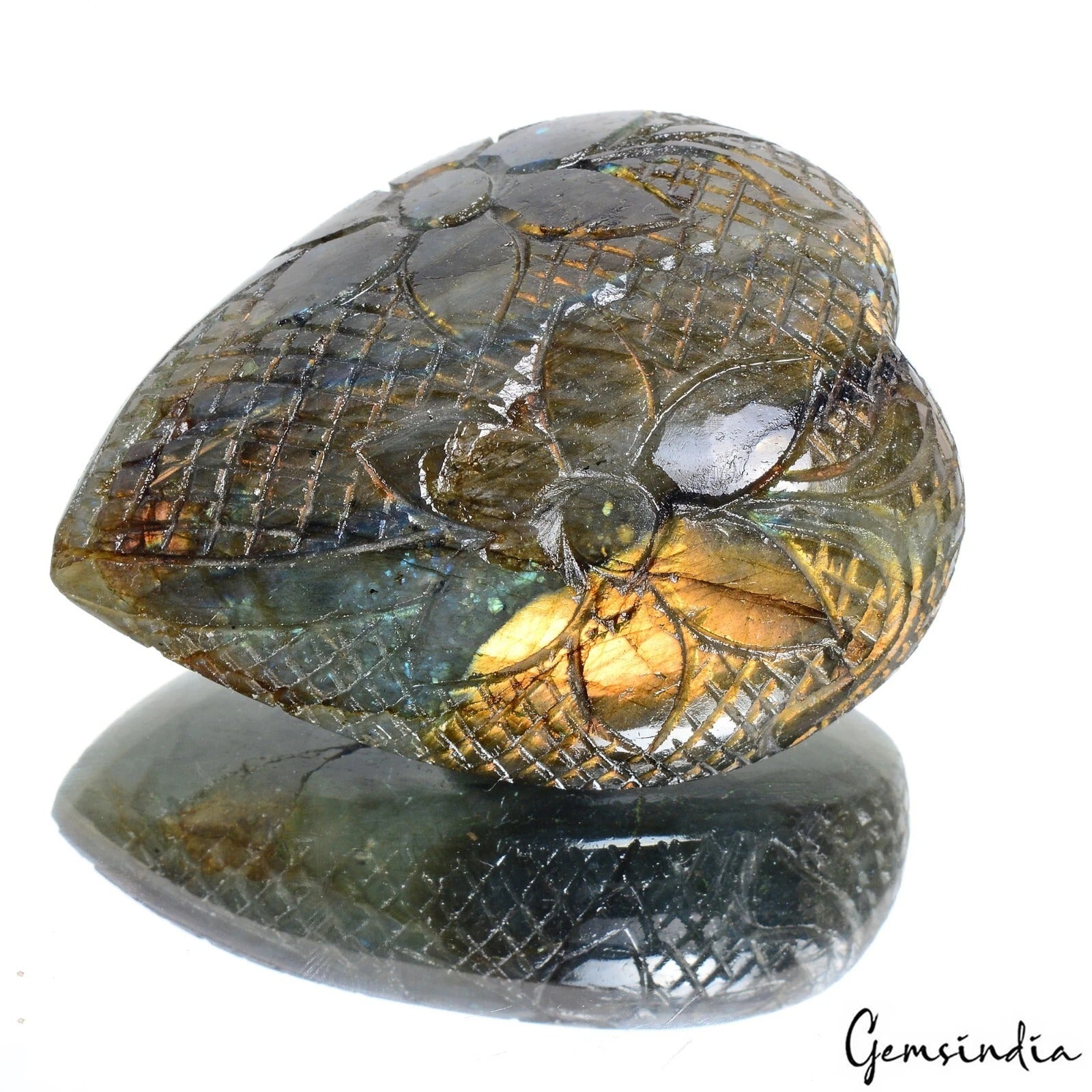 Natural Golden Fire Labradorite Hand Carved Heart Shape Certified Gem~1030 Cts
