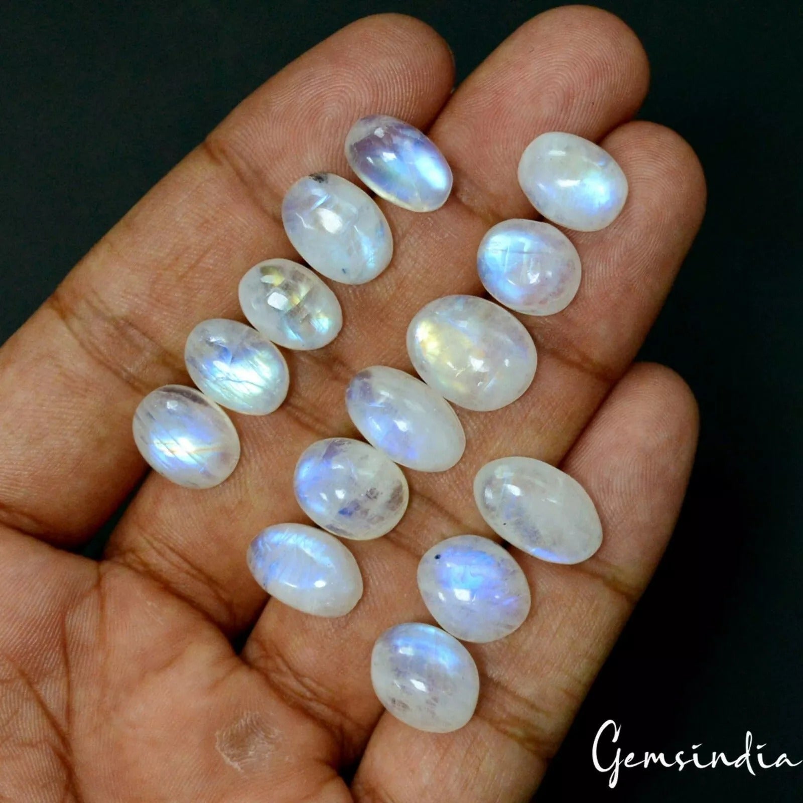 41 Pcs Natural Rainbow Moonstone 10-14mm Untreated Oval Cabochon Loose Gemstones