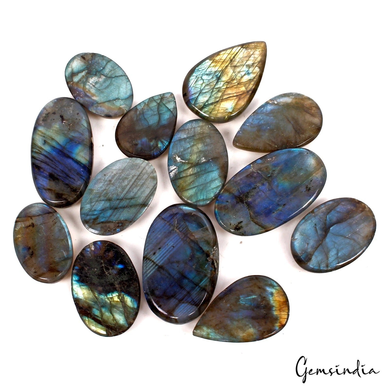 380 Cts/13 Pcs Natural Blue Shine Labradorite Mix Cabochon Loose Gemstones Lot