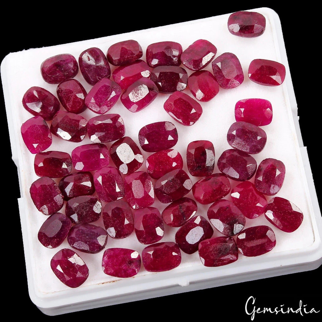 Certified 98.30 Ct/50 Pcs Natural Dark Red Ruby Cushion Calibrated 8x6mm Gem Lot