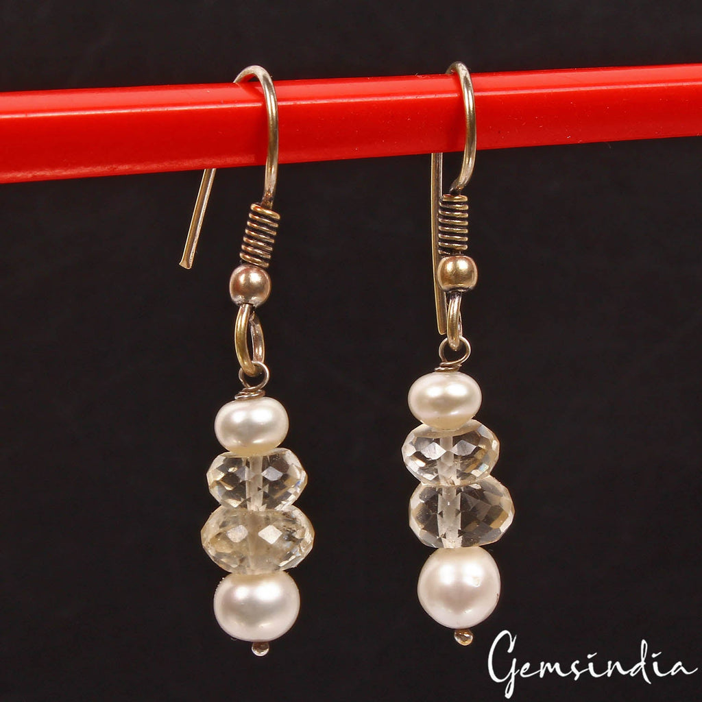 20.40 Cts Natural Citrine & Pearl Gems Drop/Dangle Earring 1.7" Christmas Sale