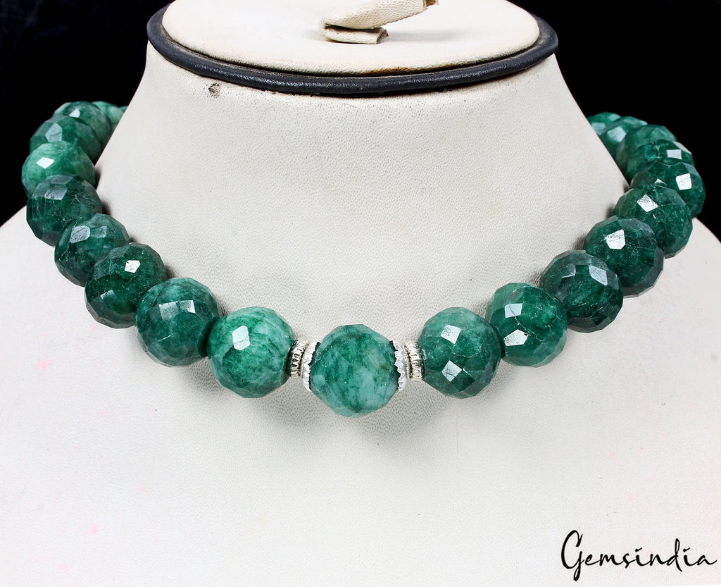 Natural Green Emerald Necklace 12-17mm Huge Faceted Round Beads Handmade Jewelry