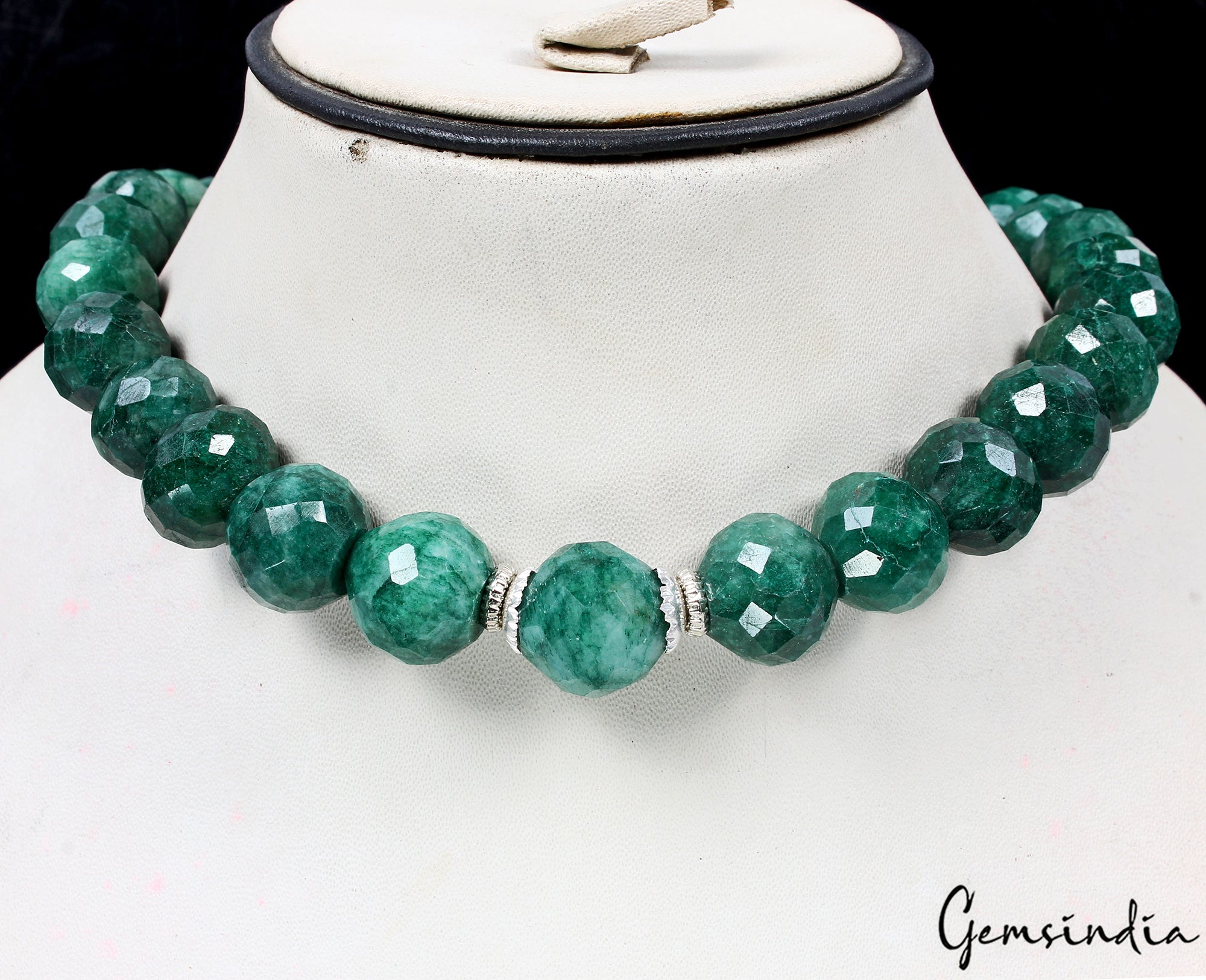 Natural Green Emerald Necklace 12-17mm Huge Faceted Round Beads Handmade Jewelry