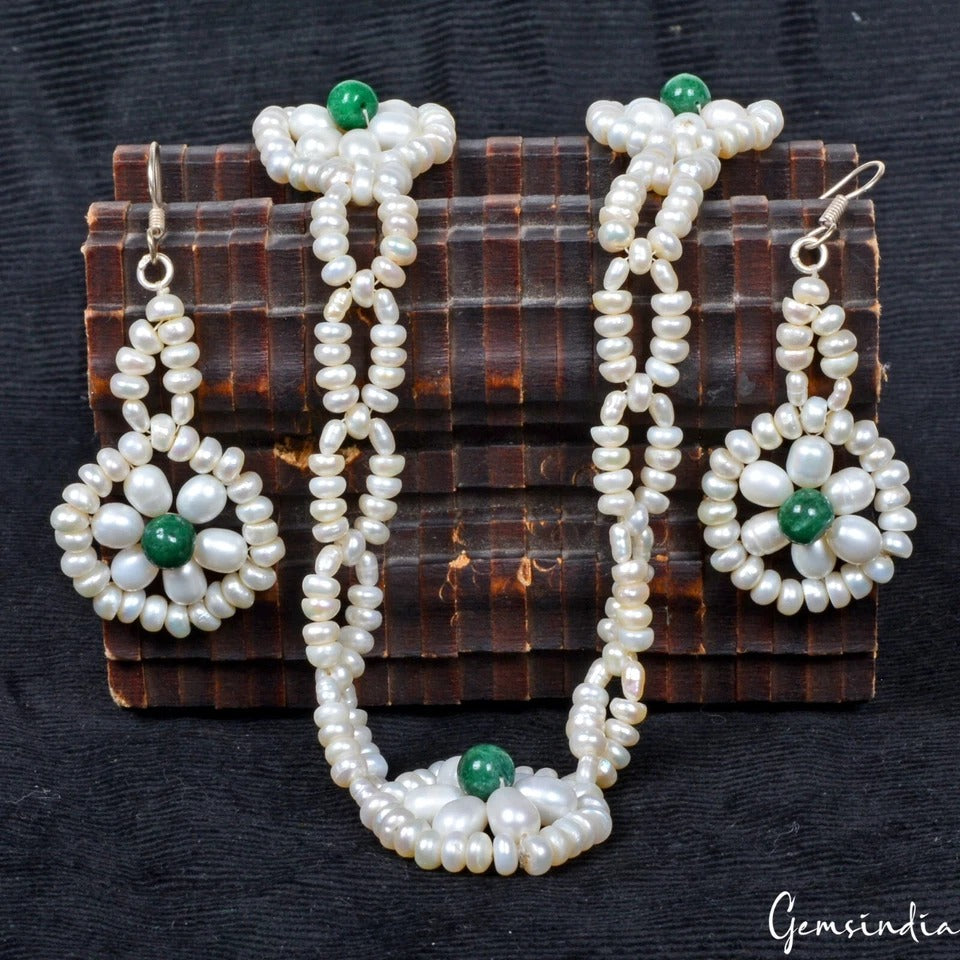 318.80 Ct Freshwater Pearl & Emerald Beaded Designer Handmade Necklace w/Earring