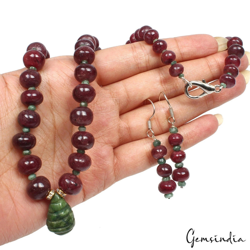520 Ct Natural Ruby Emerald Gemstone Beaded Handmade Necklace Earrings~ 20" Long