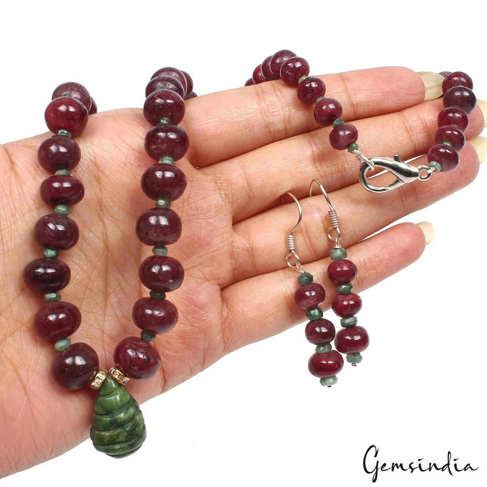 520 Ct Natural Ruby Emerald Gemstone Beaded Handmade Necklace Earrings~ 20" Long