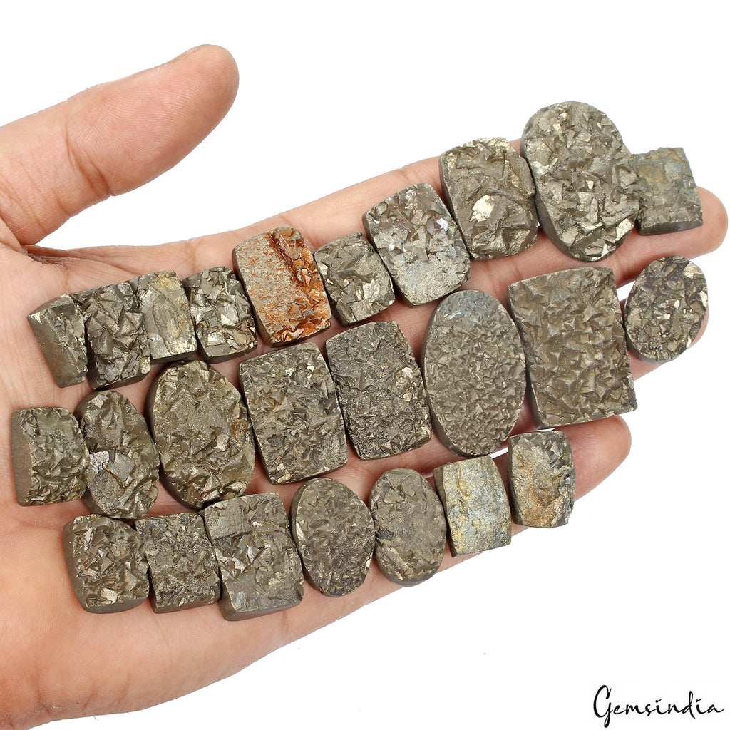 27 Pcs Lot 100 % Natural Golden Pyrite Druzy Mix Cabochon Loose Gemstones~1270Ct
