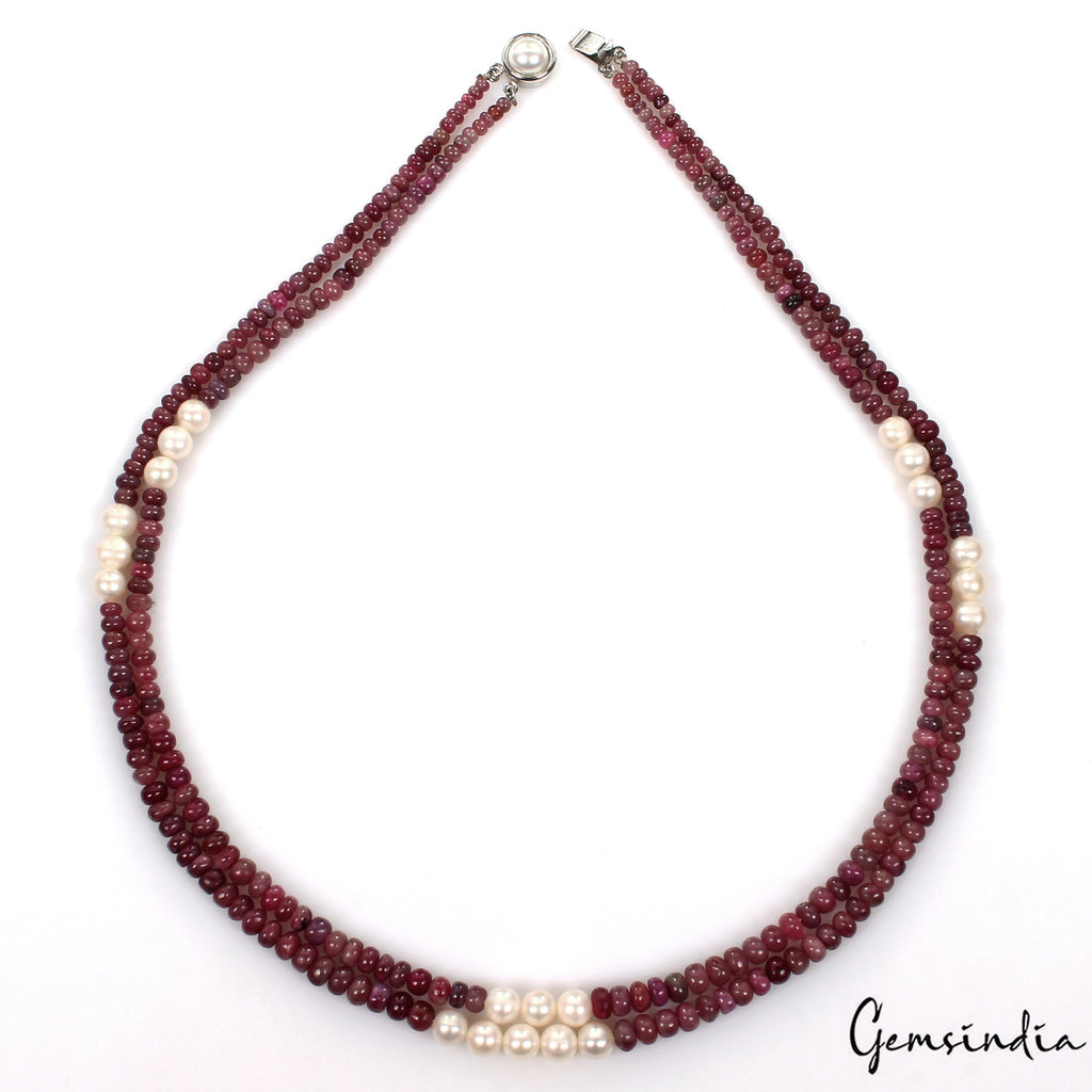 260.4 Ct Natural Red Ruby Freshwater Pearl Beaded Handmade Designer Necklace 20"
