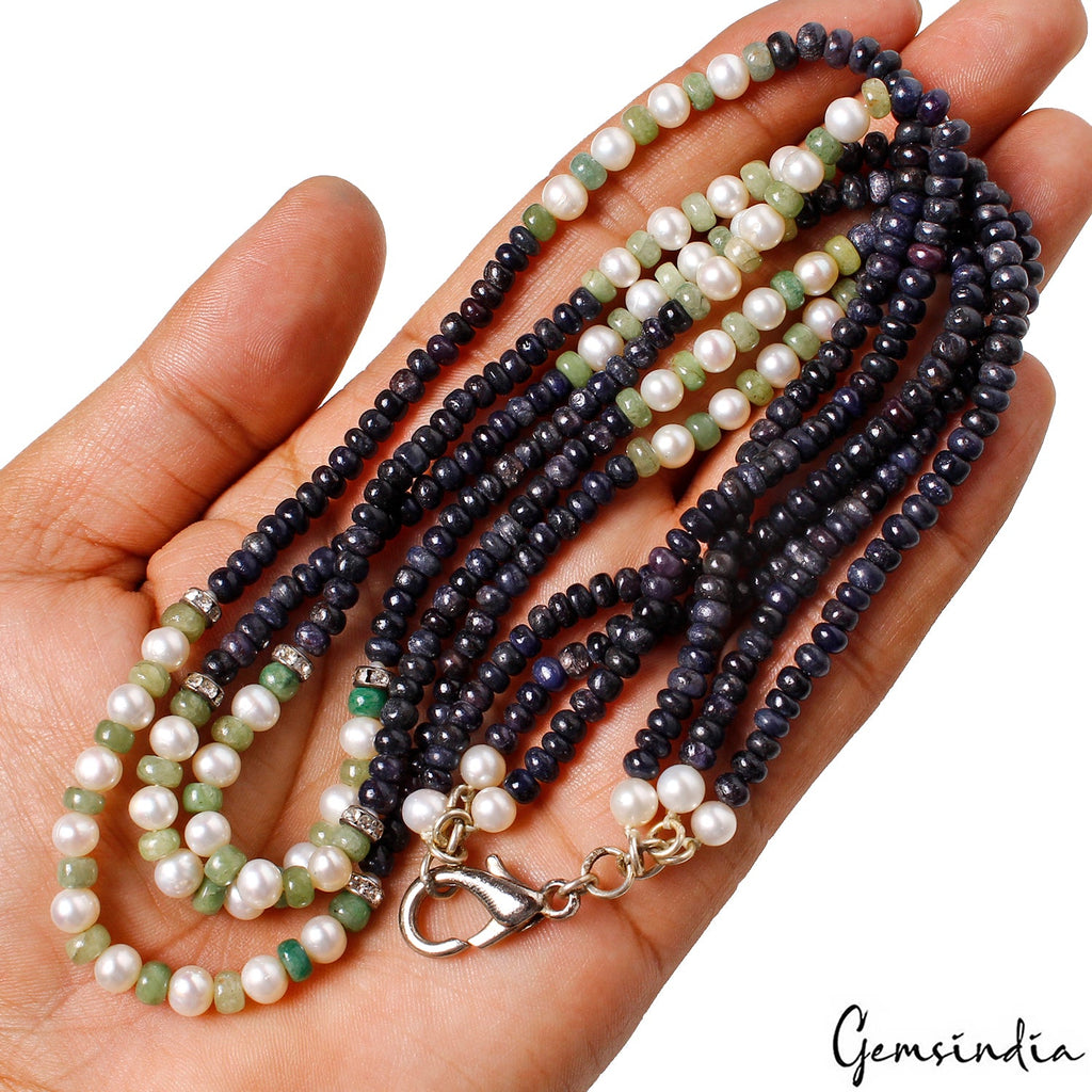 3 Strands Natural Sapphire Pearl Handmade Necklace/19-21" Long Women Gem Jewelry