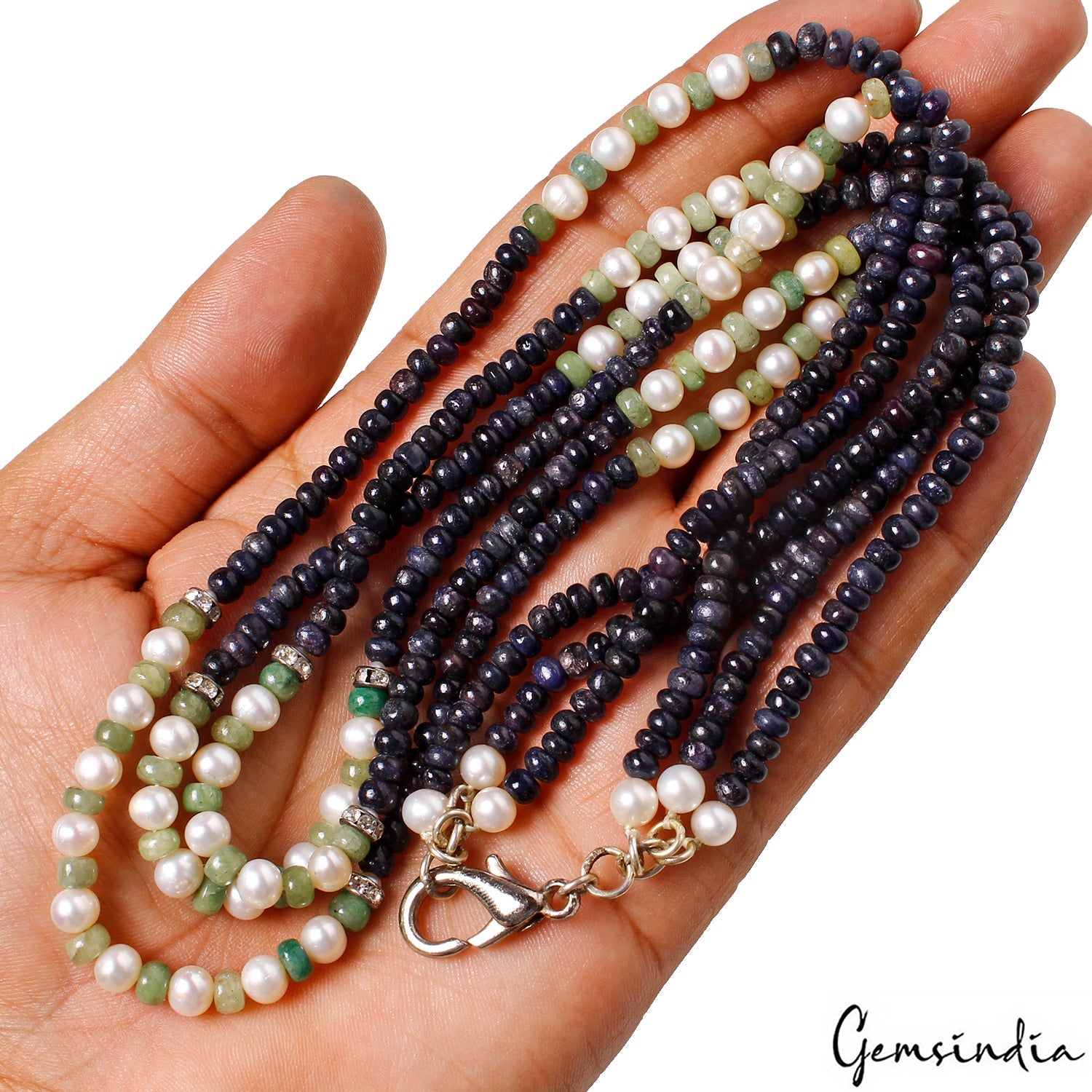 3 Strands Natural Sapphire Pearl Handmade Necklace/19-21" Long Women Gem Jewelry