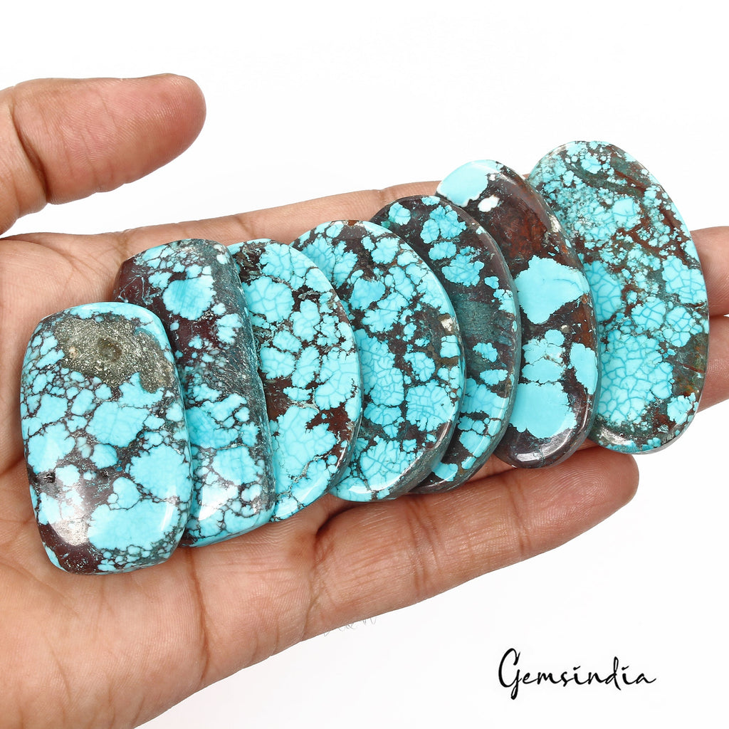 680 Cts/7 Pcs Natural Spiderweb Blue Turquoise Oval Cab Loose Gems Wholesale Lot