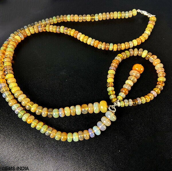 20" Natural Welo Fire Ethiopian Opal Untreated Rondelle Bead Necklace W/Earrings