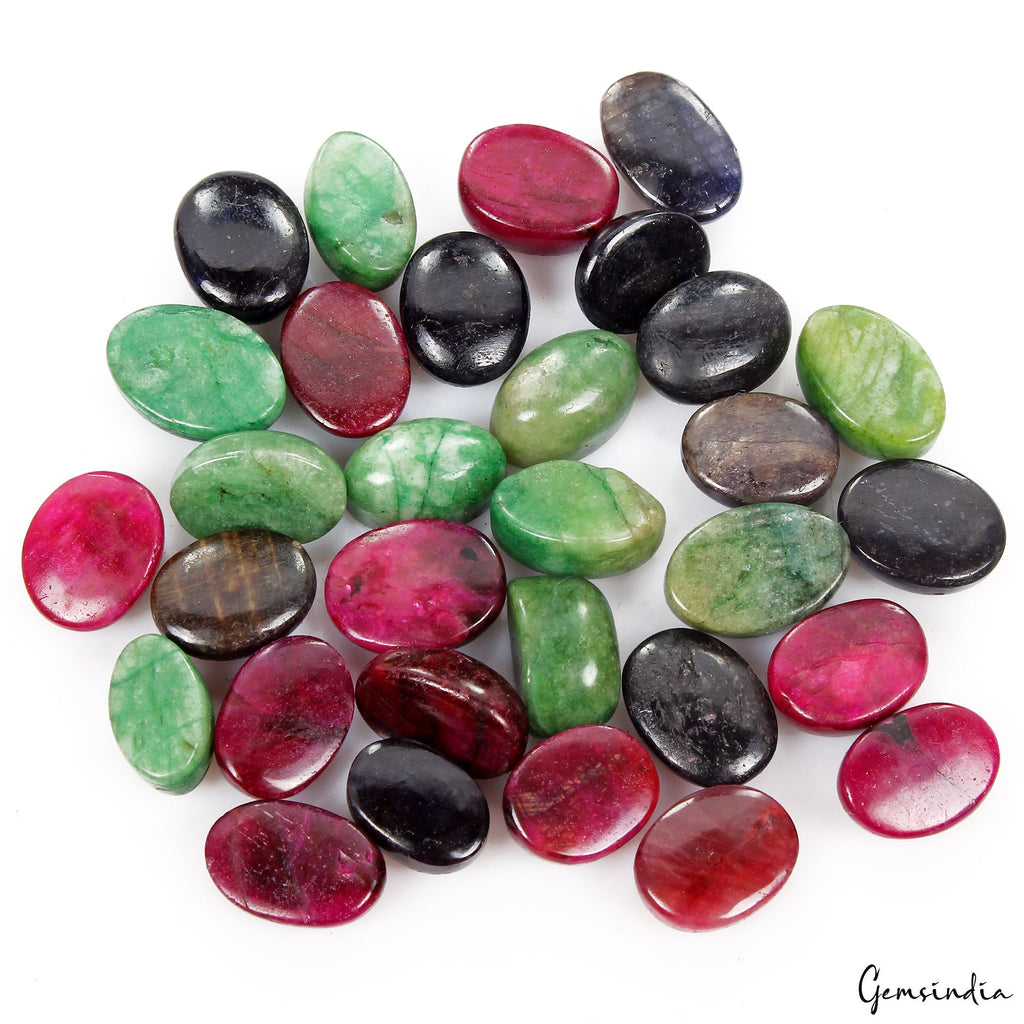 Certified 300 Ct Natural Ruby Emerald Sapphire Oval Cabochon Loose Gemstones Lot