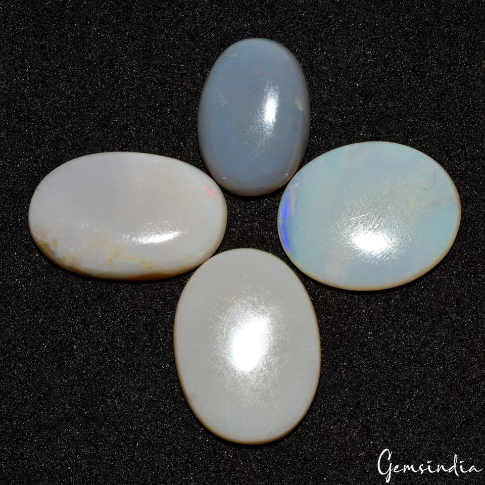 28.40 Ct/4 Pcs Natural Australian White Opal Multi Fire Oval Cab Loose Gemstones