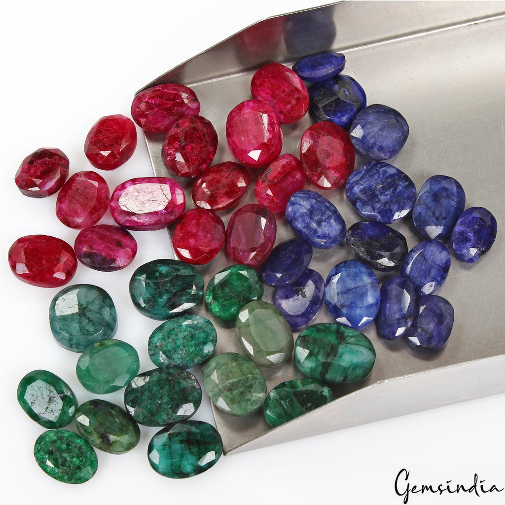 360 Ct/43 Pcs Natural Red & Blue Beryl Green Emerald Oval Cut Loose Gemstone Lot