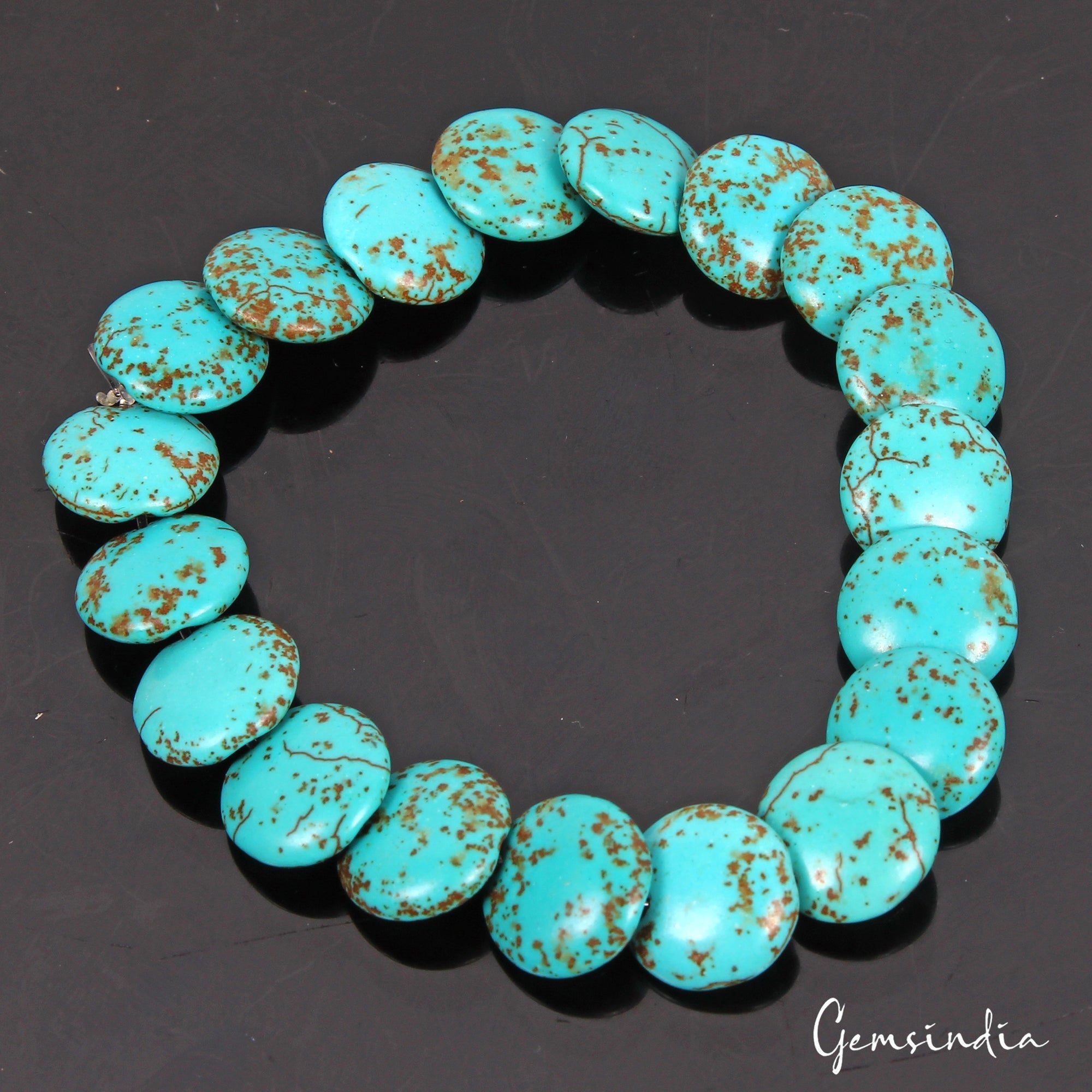 63.00 Ct Blue Chinese Coin Shape Drilled Beaded Handmade Adjustable Gem Bracelet