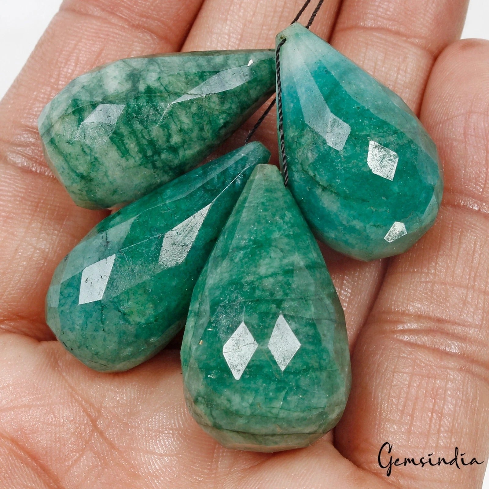 4 Pcs Natural Brazilian Green Emerald Pear Drop Checker Cut Drilled Briolettes